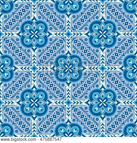 Blue Flowers And Geometrics Shapes Traditional Symmetrical Tiles With Geometric Folk Art Flowers In 