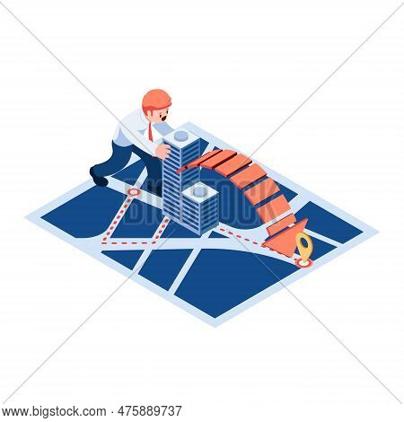Flat 3d Isometric Businessman Move Office To New Location. We Have Moved And Announce A New Business