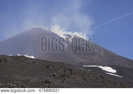 Volcano Mount Etna With Smoking Peak Of Main Crater. Etna Is Active Stratovolcano, Tallest And Large