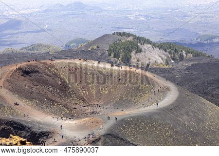 Mount Etna, Sicily, Italy - April 27, 2023: People Walking Above The Crater Silvestri On The Slope O