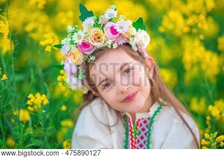 Dreaming Beautiful Young Girl With Flower Chaplet, Ethnic Folklore Dress With Traditional Bulgarian 