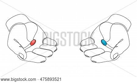Hands Hold Red Pill And Blue Pill. Decision Making And Choice Concept. One Continuous Line Art Drawi