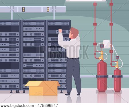 Datacenter Cartoon Composition With Male Technician Touching Server Racks With Indoor Interior And C
