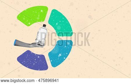 Art Collage, Hand With A Bottle Of Water On A Beige Background. Concept Of Ecology Resp. Fitness.
