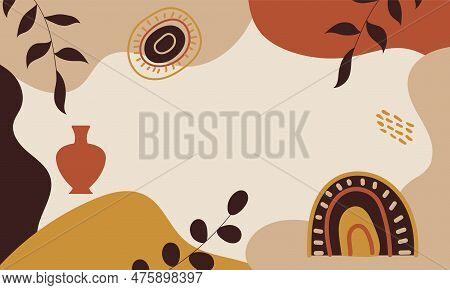 Aesthetic Background. Boho Background. Background With Rainbow, Sun, Leaves And Geometric Shapes In 