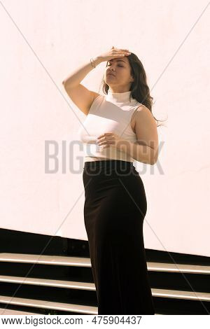 Young Attractive Woman Wearing Casual Clothing Posing Outdoors In The City. Nicosia Cyprus