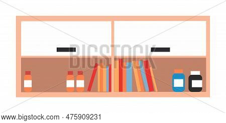 Shelves With Books And A Bottle Of Medicine. Equipment For Design Laboratory, Clinic, Hospital, Phar