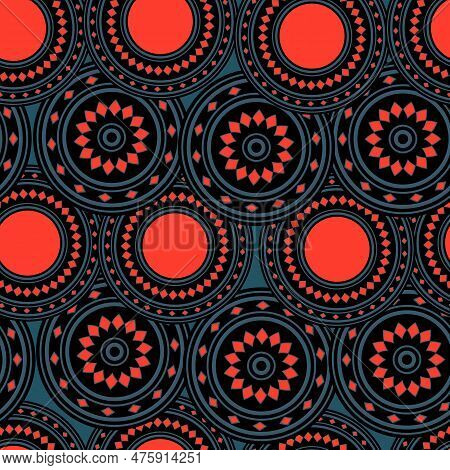 Seamless Pattern With Geometric Aboriginal Ornament. Ethnic Tribal Rounded Color Background. Afican,