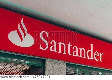 Benidorm, Spain - May 01, 2023. Santander Logo Sign On Santander Bank Branch Office. Santander Bank 