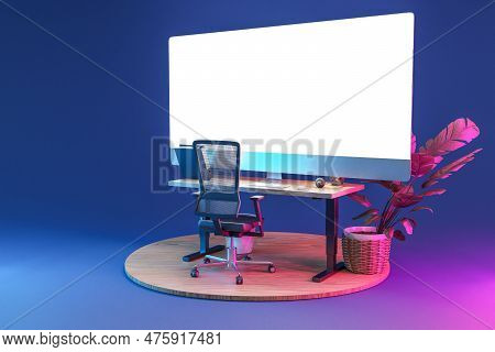 Isolated Computer Workspace On Wooden Podium With Giant Widescreen Monitor; Freelance And Home Offic