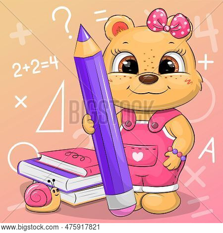 A Cute Cartoon Teddy Bear In A Pink Jumpsuit And Hair Bow Is Holding A Large Lilac Pencil. School Ve
