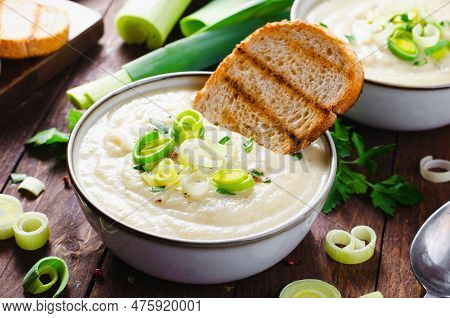 Leek Soup, Comfort Meal, Potato And Leek Creamy Soup, Vegetarian Food On Wooden Background