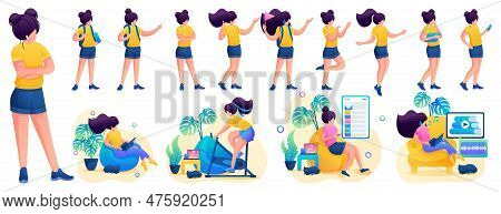 Young Girl In Various Poses And Actions, Communication, Work, Training. 2d Flat Character Vector Ill