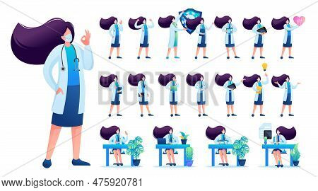 Set Of Woman Doctor. Presentation In Various In Various Poses And Actions. 2d Flat Character Vector 