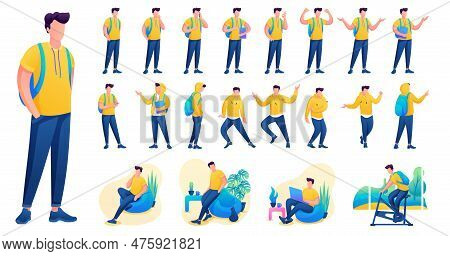 Presentation In Various Poses And Actions Character. Young Men. 2d Flat Character Vector Illustratio
