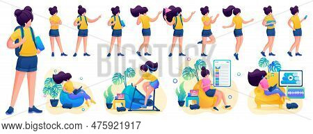 Young Girl In Various Poses And Actions, Communication, Work, Training. 2d Flat Character Vector Ill