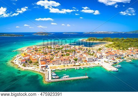 Island Of Krapanj Aerial Panoramic View, Sea Sponge Harvesting Village, Sibenik Archipelago Of Croat