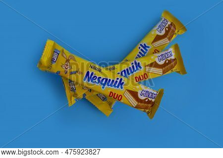 May 6, 2023 Ukraine City Kyiv Nesquik Chocolate From Nestle On A Colored Background