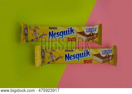 May 6, 2023 Ukraine City Kyiv Nesquik Chocolate From Nestle On A Colored Background