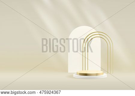 Metallic Product Podium Background With Tripple Golden And White Arch. Premium Abstract Vector Prese