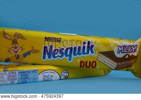 May 6, 2023 Ukraine City Kyiv Nesquik Chocolate From Nestle On A Colored Background