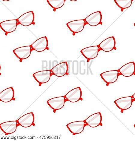 Endless Pattern Of Elegant Glasses With Transparent Lenses In A Red Frame. Bespectacled. Vector. Eps
