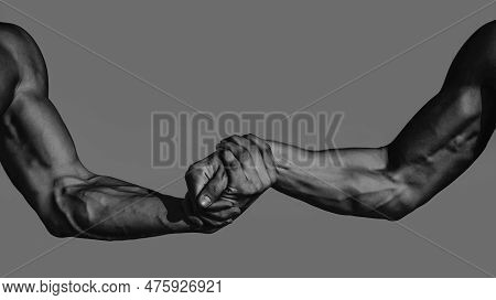 Men Hand, Support. Close Up Help Hand, Isolated. Two Hands Of Muscular Men . Rescue, Helping Gesture