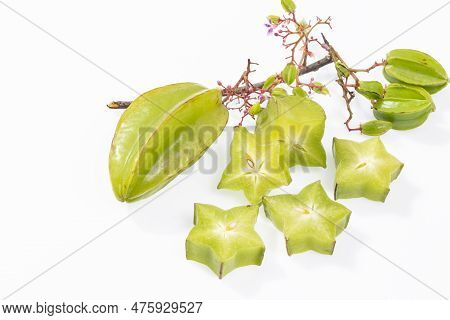 Star Fruit Or Carambola Green - Averrhoa Carambola; Photo On White Background