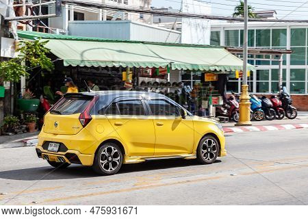 Thailand, Phuket - 03.31.23: Yellow Car Model Morris Garage Mg3 Hatchback Body On The Street.