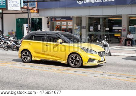 Thailand, Phuket - 03.31.23: Yellow Car Model Morris Garage Mg3 Hatchback Body On The Street.