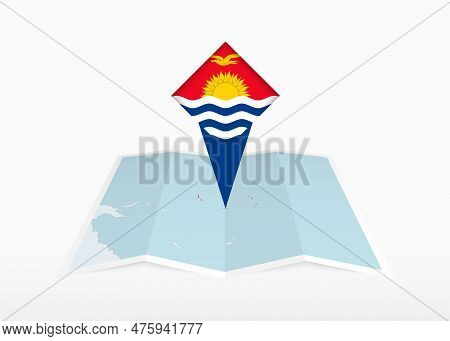 Kiribati Is Depicted On A Folded Paper Map And Pinned Location Marker With Flag Of Kiribati. Folded 