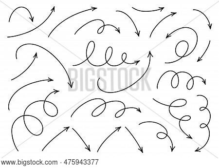 Hand Drawn Thin Line Dinamic Arrows Set. Vector Design Elements Isolated On White Background.