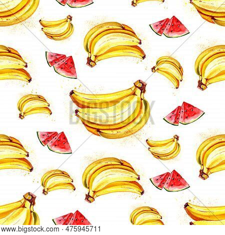 Watercolor Summer Fruit Banana And Watermelon Seamless Pattern