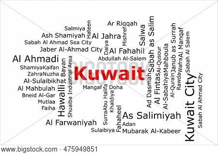Tagcloud Of The Most Populous Cities In Kuwait. The Title Is Red And All The Cities Are Black On The