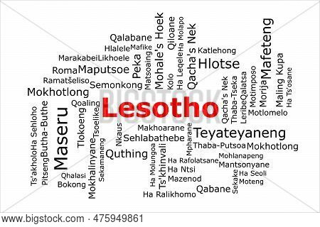 Tagcloud Of The Most Populous Cities In Lesotho. The Title Is Red And All The Cities Are Black On Th