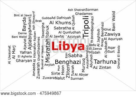 Tagcloud Of The Most Populous Cities In Libya. The Title Is Red And All The Cities Are Black On The 
