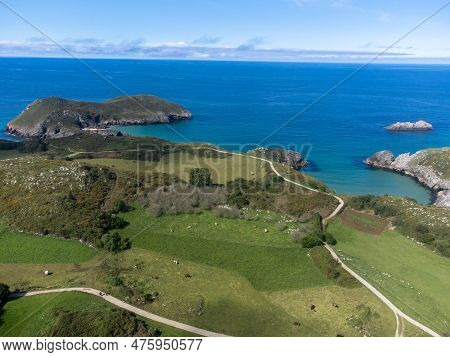 Aerial View On Coastline Near Llanes, Green Coast Of Asturias, North Spain With Sandy Beaches, Cliff
