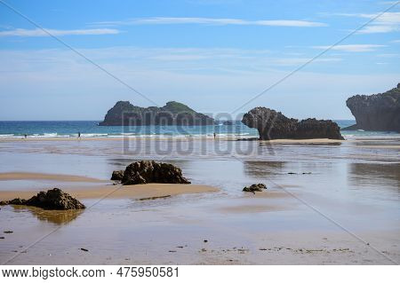 View On Playa De Palombina Las Camaras In Celorio, Green Coast Of Asturias, North Spain With Sandy B