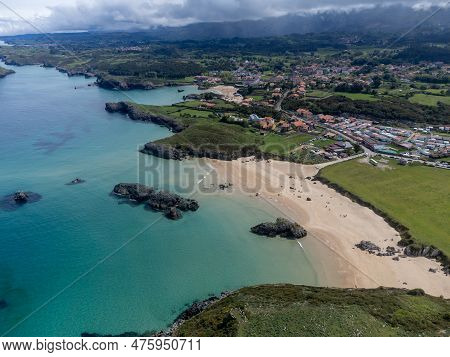 Aerial View On Playa De Palombina, Las Camaras And Celorio, Green Coast Of Asturias, North Spain Wit