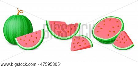 Realistic Watermelon 3d Set. Juicy Fruits, Watermelons Cuts And Half. Natural Raw Food Slice, Summer