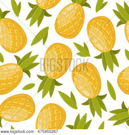 Cartoon Pineapples Seamless Pattern. Summer Organic Fruits, Sweet Ananas Flat Vector Background Illu
