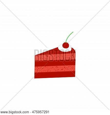 Cherry Cake Isolated On White Background. Tasty Flat Red Velvet. Cartoon Vector Illustration Of Dess