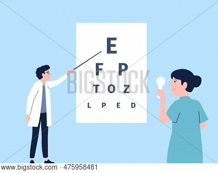Eye Check Up On Oculist. Ophthalmologist Eyesight Examining, Test Health In Clinic. Correction Visio