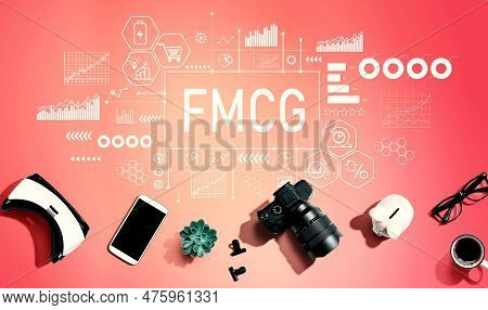 Fmcg - Fast Moving Consumer Goods Theme With Electronic Gadgets And Office Supplies - Flat Lay