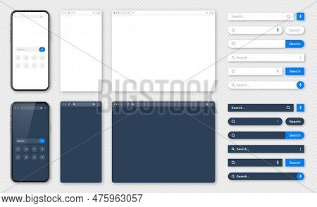 Smartphone, Blank Internet Browser Window With Various Search Bars. Web Site Engine With Search Box,