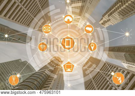 Smart City Wireless Communication Network With Graphic Showing Concept Of Internet Of Things  Iot  A