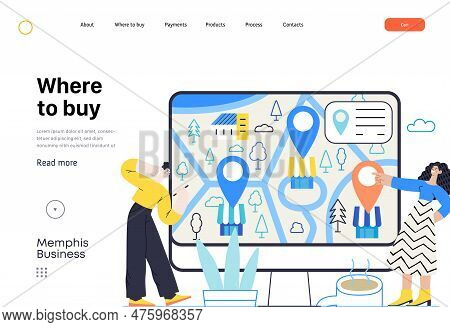 Memphis Business Illustration. Where To Buy -modern Flat Vector Concept Illustration Of People Looki