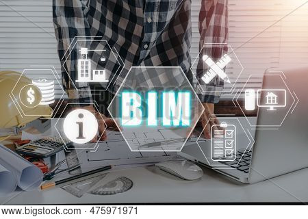 Bim, Building Information Modeling Technology Concept, Engineering Man Working On Desk With Building