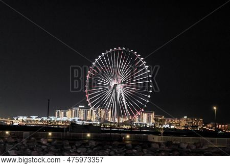 Dubai, United Arab Emirates, March 16, 2023 : Night View Of The Decoratively Illuminated Ferris Whee