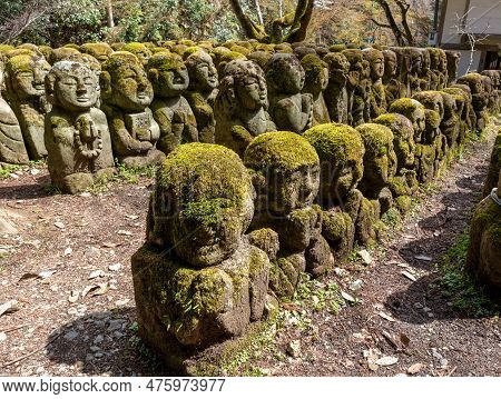 Kyoto, Japan - March 27, 2023: Kawaii Little Buddhas Statues In Otagi Nenbutsu-ji Temple In Kyoto, J